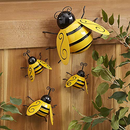 YIANI Decorative Metal Bumble Bee Bugs Garden Accents Yard Fence 3D Sculpture Ornaments Lawn Bar Bedroom Living Room Wall Hanging Bumblebee Art Decoration Set of 4