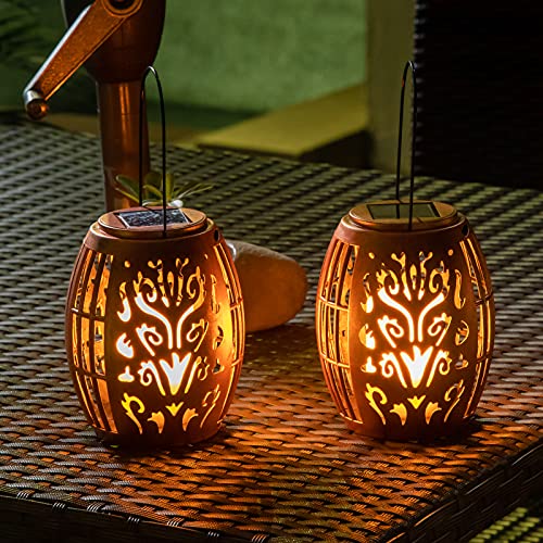 2Pack Solar Outdoor Lanterns Hanging Solar Lanterns Outdoor LED Flickering Candle Decorative Garden Solar Lights for Table Patio Yard Porch Tree Decorations (Copper)