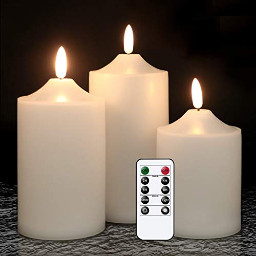 GenSwin Flickering Flameless Candles Waterproof LED Candles with Remote and TimerBattery Operated Pillar 3D Wick Candles for Indoor Outdoor Lanterns Wont melt LongLasting(White Set of 3)