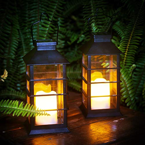 newvivid Outdoor Solar Lantern with LED Flameless Candles Solar Powered Lights Yard Decor Outdoor Decorative for Table Backyard Party and Garden (Black 2PACK)