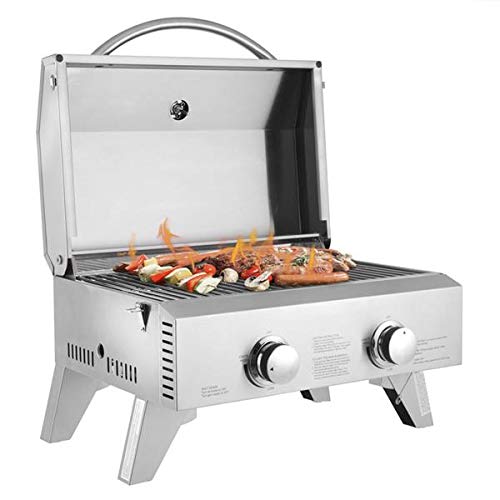 Tabletop Gas Grill 2Burner Stainless Steel 2Burner Gas Grill 2 Independently Adjustable Burners Portable Tabletop 20000 BTU BBQ Grid with Buckles  Foldable Legs for Outdoor Camping Picnic Silver