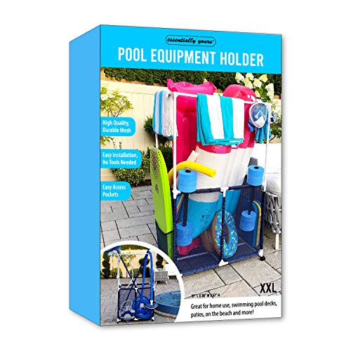 Essentially Yours Pool Equipment Holder with Towel Drying Bars Mesh Rolling Double Decker Multi Use Storage Organizer Bin 37 L x 28 W x 57 H XXL Blue MeshWhite PVC