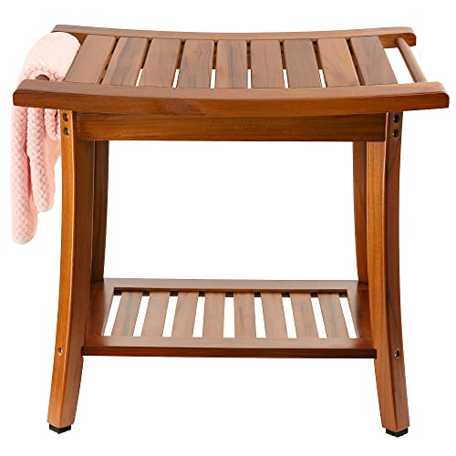 Utoplike Teak Shower Bench Seat with Handles Portable Wooden Spa Bathing Stool with Storage Towel Shelf 22 x 13 x 186WaterproofPerfect for Indoor and Outdoor Use