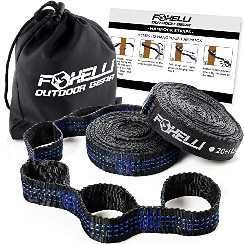 Foxelli Hammock Straps XL  Camping Hammock Tree Straps Set (2 Straps  Carrying Bag) 20 ft Long Combined 402 Loops 2000 LBS NoStretch Heavy Duty Straps for Hammock Suspension System Kit